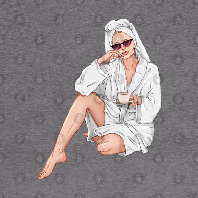 Beautiful woman with cup of tea in white spa robe by ArctiumStudio